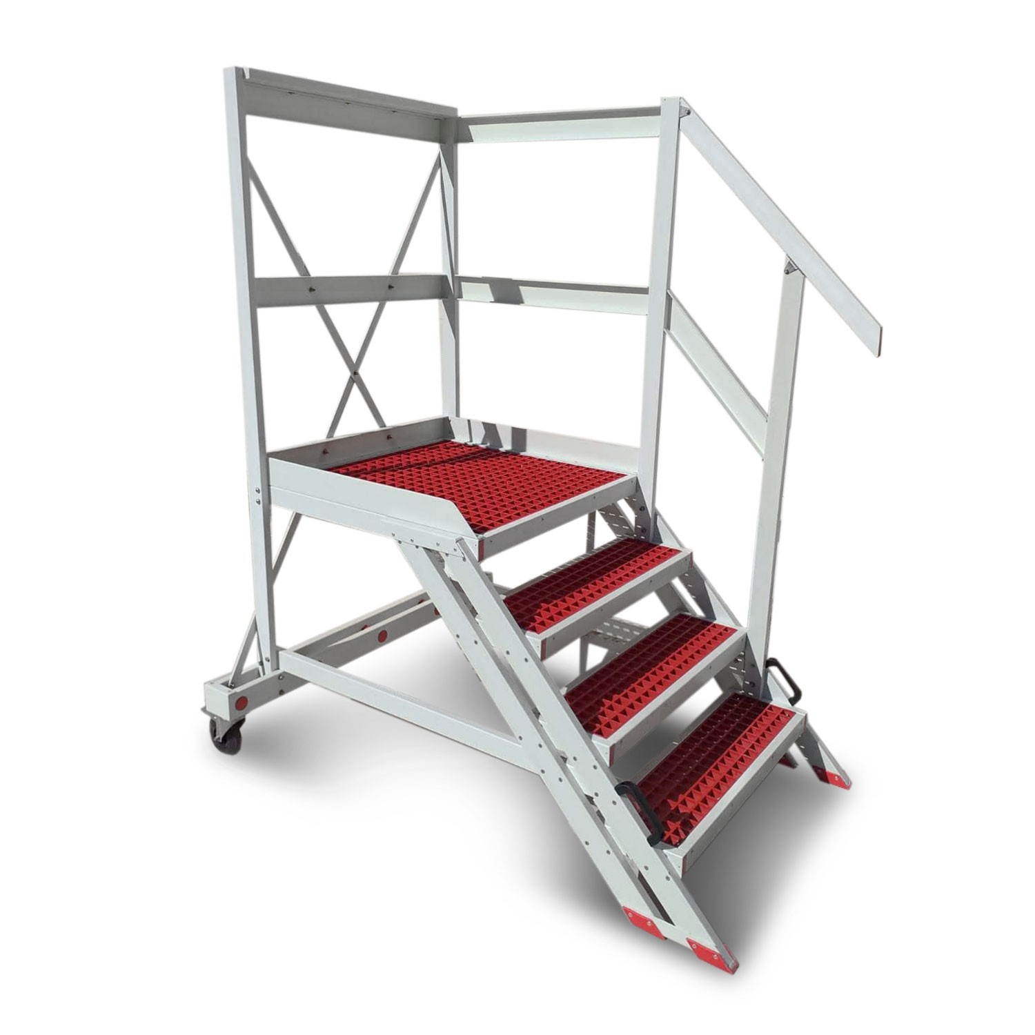 EM2008 | Escada com plataforma, gradil de segurança e rodas em fibra de vidro